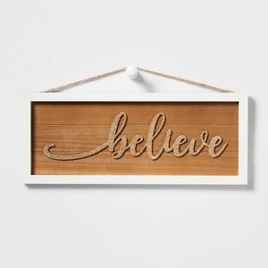 Believe Glitter Gold with Wood Frame Hanging Sign White nwt 16 x 6.5 Christmas